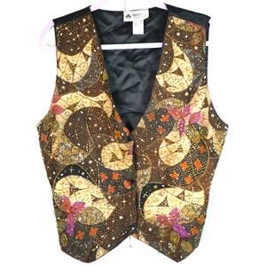 Vintage Bali Collection Beaded Vest Geometric Patchwork Snap tie back Pearls OS